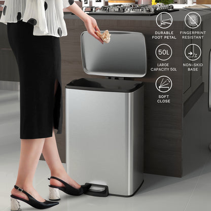 Innovaze 13 Gallon / 50 Liter Stainless Steel Step-On Trash Can, Rectangular Shape, Sliver Finish, Ideal for Home or Office