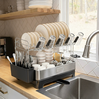 Fortune Candy 2-Tier Stainless Steel Dish Drying Rack for Kitchen Counter, Large Dish Rack with Utensil Holder and Rotating Drain Spout