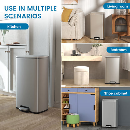 Innovaze 8 Gallon / 30 Liter Stainless Steel Step-On Trash Can, Rectangular Shape, Sliver Finish, Ideal for Home or Office