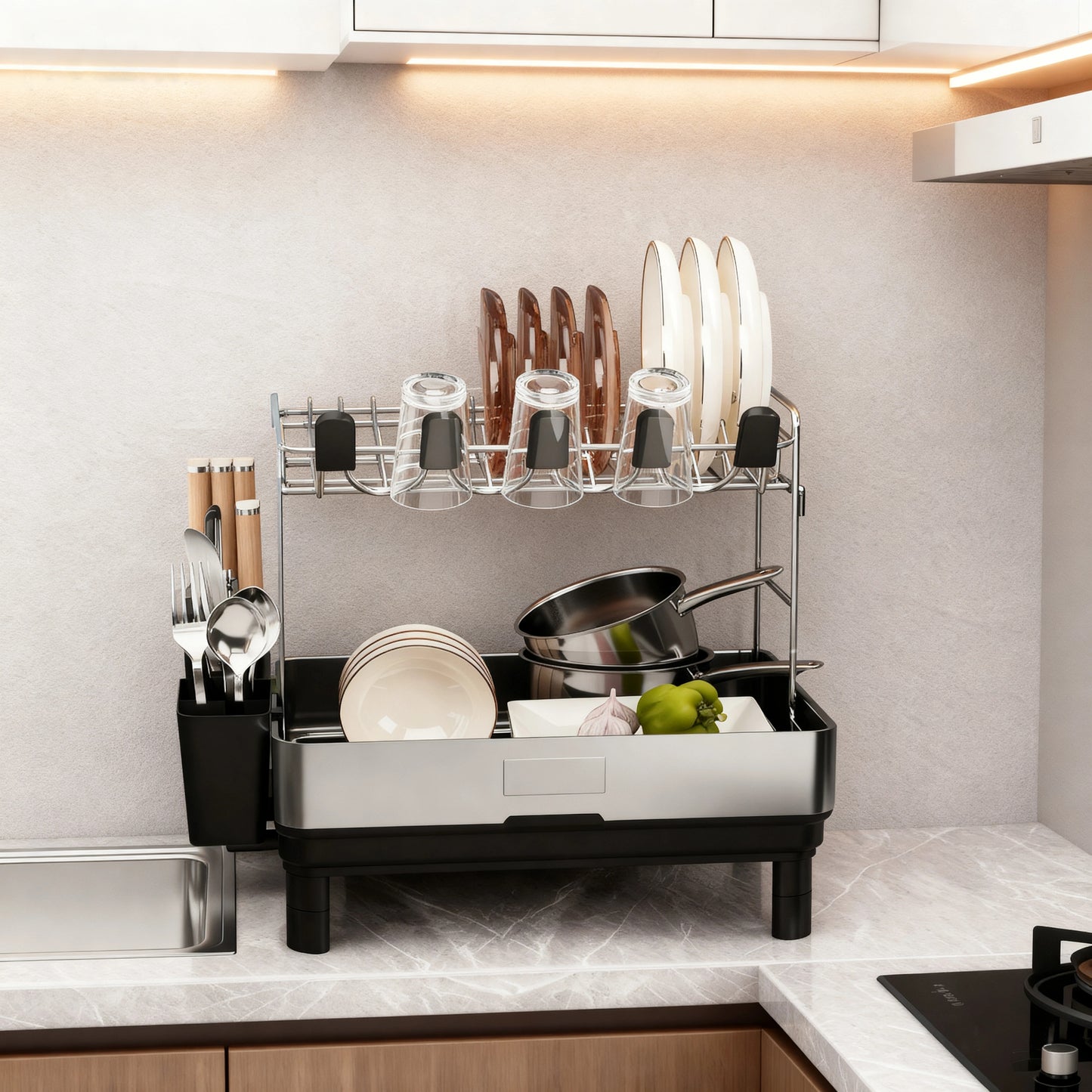 Fortune Candy 2-Tier Stainless Steel Dish Drying Rack for Kitchen Counter, Large Dish Rack with Utensil Holder and Rotating Drain Spout