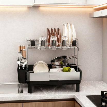 Fortune Candy 2-Tier Stainless Steel Dish Drying Rack for Kitchen Counter, Large Dish Rack with Utensil Holder and Rotating Drain Spout