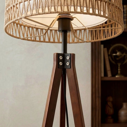 Fortune Candy 59'' Tall Boho Tripod Floor Lamp, Mid-Century Modern Wood Standing Lamp with Rattan and Fabric Shades for Home, 1 Pallet - Foot Switch
