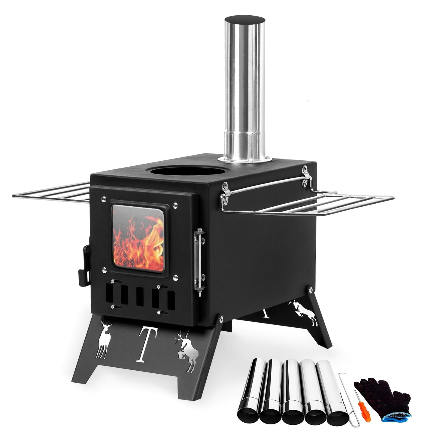 Fortune Candy 1 Set Folding Portable Wood Burning Tent Stove with Cooking Surface, Pipes and Spark Arrestor, for Camping, Hiking, Outdoor Courtyard