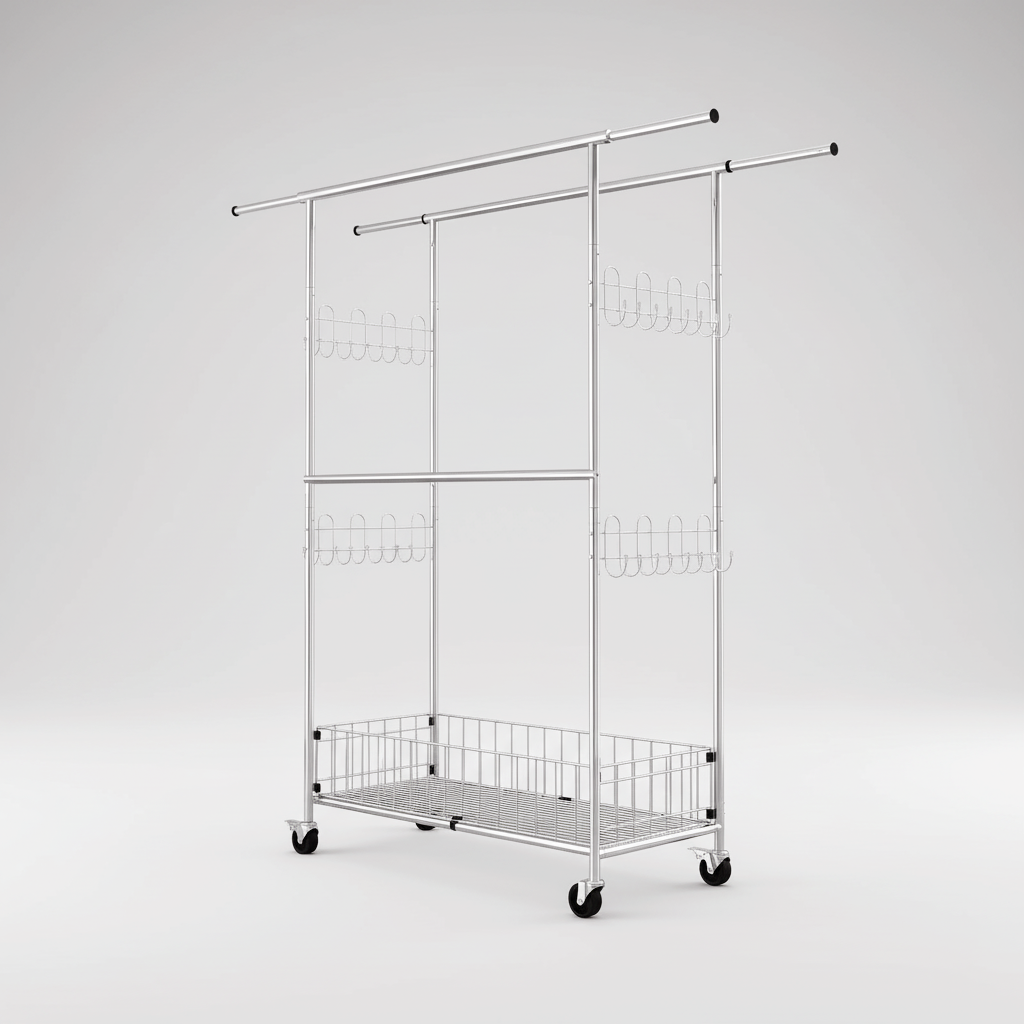 Fortune Candy 69.7" Tall Steel Rack with Extendable Hanging Bars, Side Hooks, and Lockable Wheels for Home, Office, and Display Use