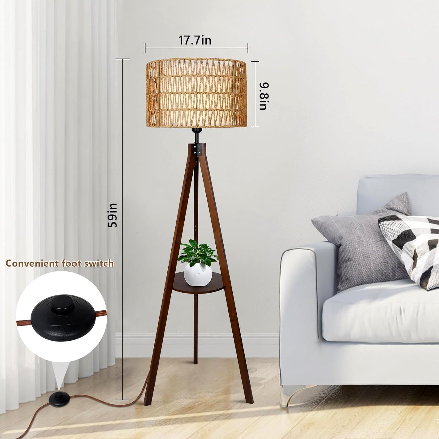 Fortune Candy 59'' Tall Boho Tripod Floor Lamp, Mid-Century Modern Wood Standing Lamp with Rattan and Fabric Shades for Home, 1 Pallet - Foot Switch