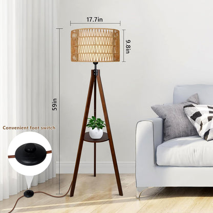 Fortune Candy 59'' Tall Boho Tripod Floor Lamp, Mid-Century Modern Wood Standing Lamp with Rattan and Fabric Shades for Home, 1 Pallet - Foot Switch