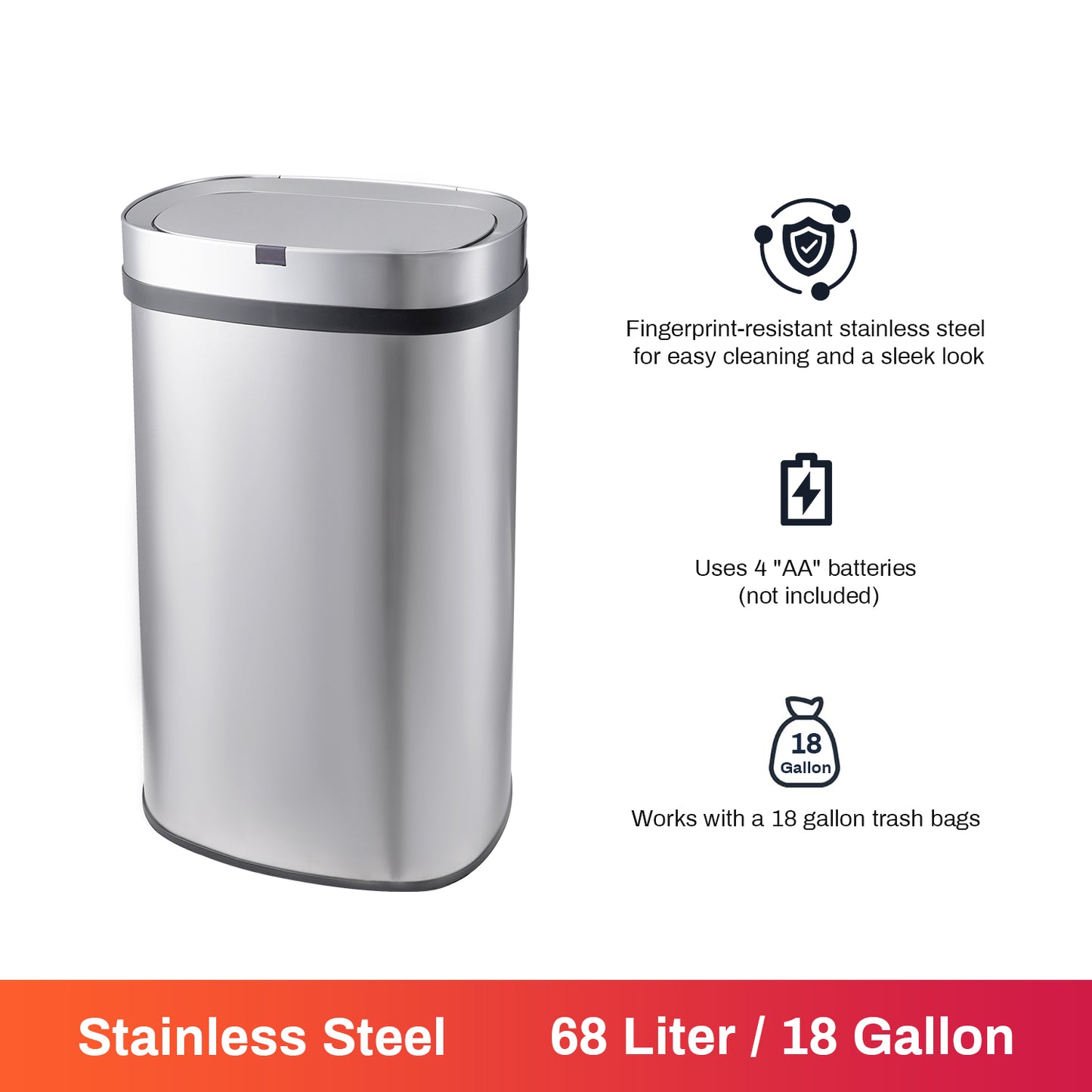 Innovaze 18 Gal./68 Liter Stainless Steel Oval Motion Sensor Trash Can for Home, Laundromat, Stores & Hospital