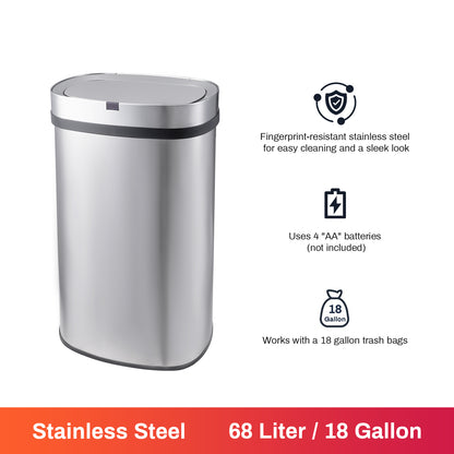 Innovaze 18 Gal./68 Liter Stainless Steel Oval Motion Sensor Trash Can for Home, Laundromat, Stores & Hospital