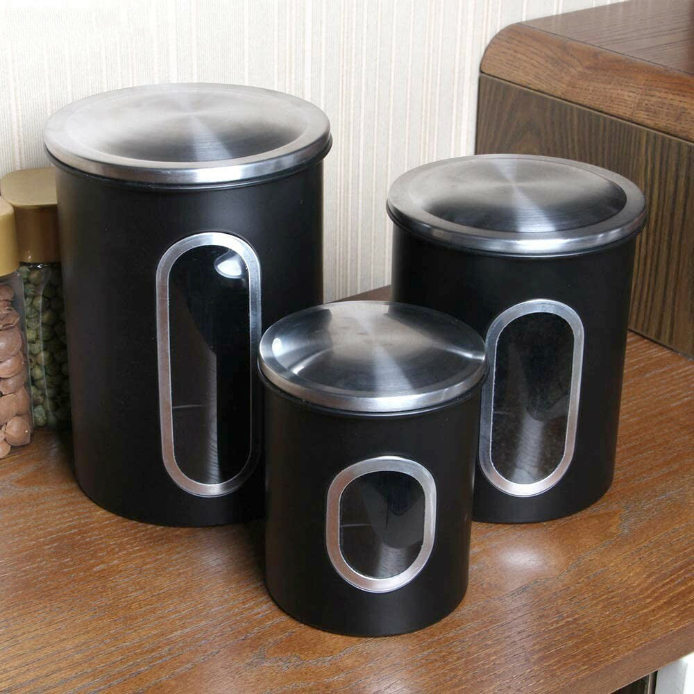Fortune Candy 3 PCS Stainless Steel Canister Set with Anti-Fingerprint Lids & Visible Windows, Multipurpose Food Storage for Kitchen or Travel (Black)