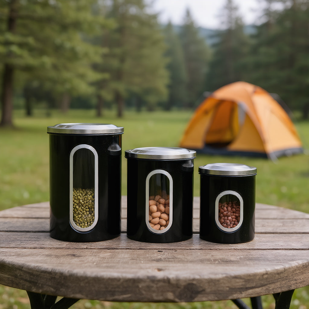 Fortune Candy 3 PCS Stainless Steel Canister Set with Anti-Fingerprint Lids & Visible Windows, Multipurpose Food Storage for Kitchen or Travel (Black)