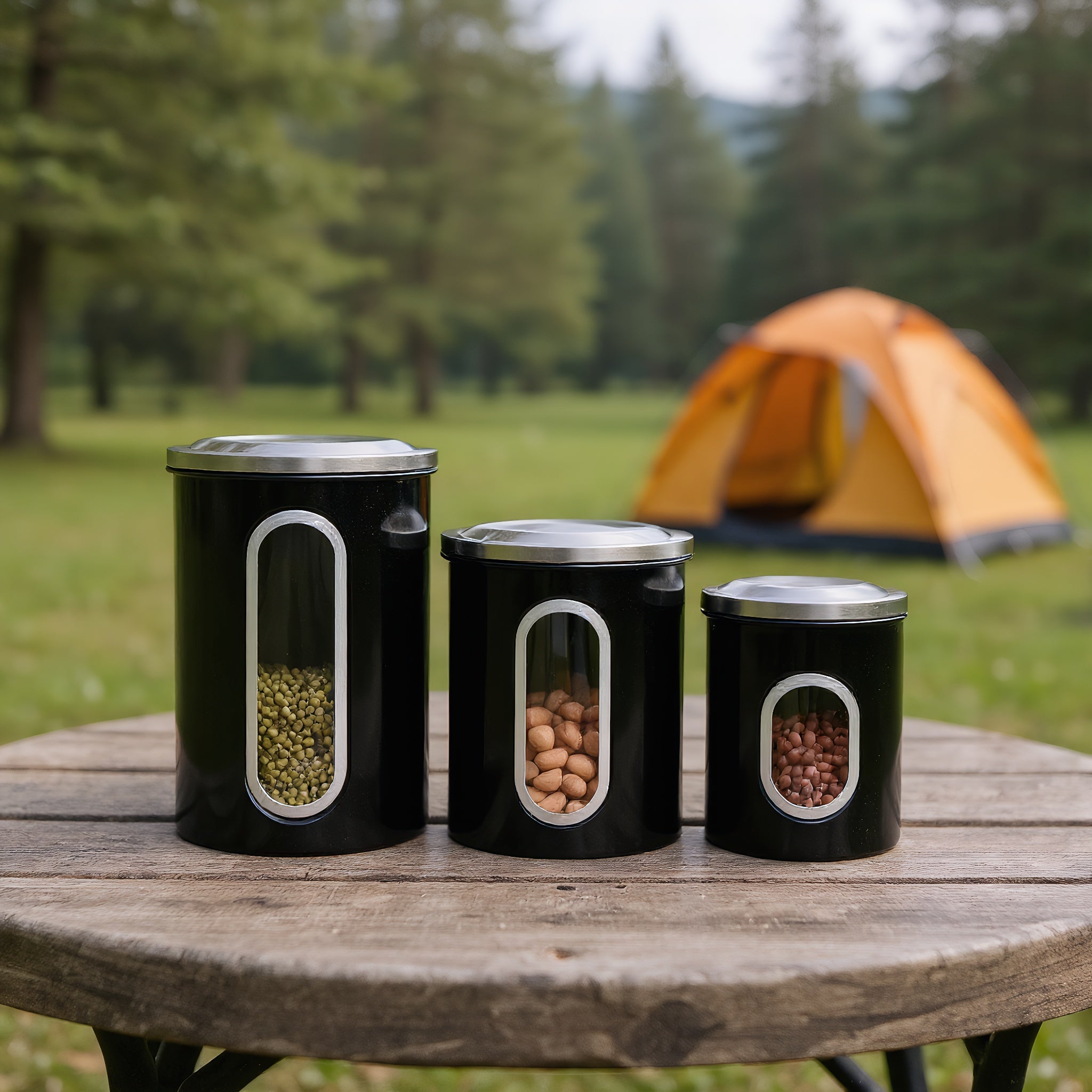 Fortune Candy 3 PCS Stainless Steel Canister Set with Anti-Fingerprint Lids & Visible Windows, Multipurpose Food Storage for Kitchen or Travel (Black)