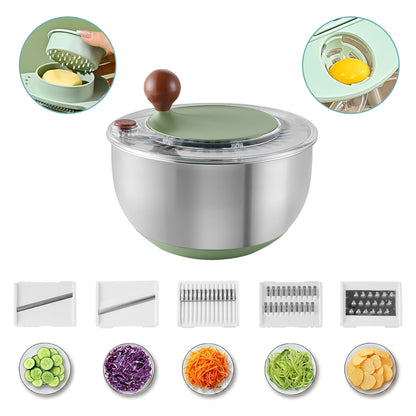 Fortune Candy 5.3 Qt Stainless Steel Salad Spinner, 7-in-1 Vegetable Washer, Cutter & Chopper with 5 Blades