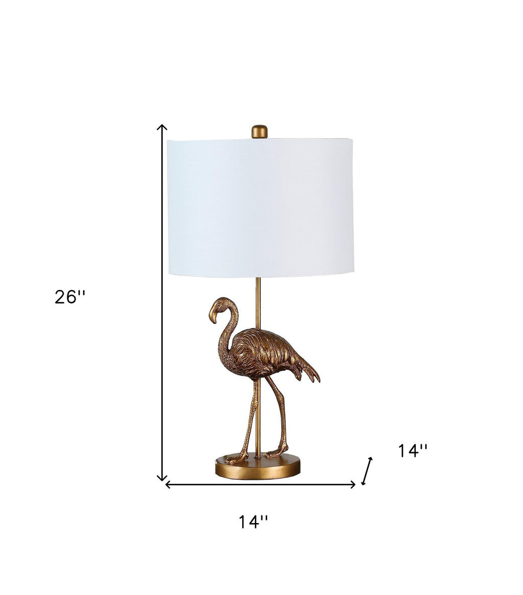 Fortune Candy 26" Matte Gold Polyresin Flamingo Table Lamp With White Drum Shade, Modern Decor for Living Room or Bedroom