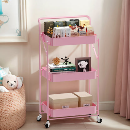 Fortune Candy Foldable 3-Tier Rolling Utility Cart, No-Assembly Multipurpose Storage Organizer with Handle for Home or Office, Pink