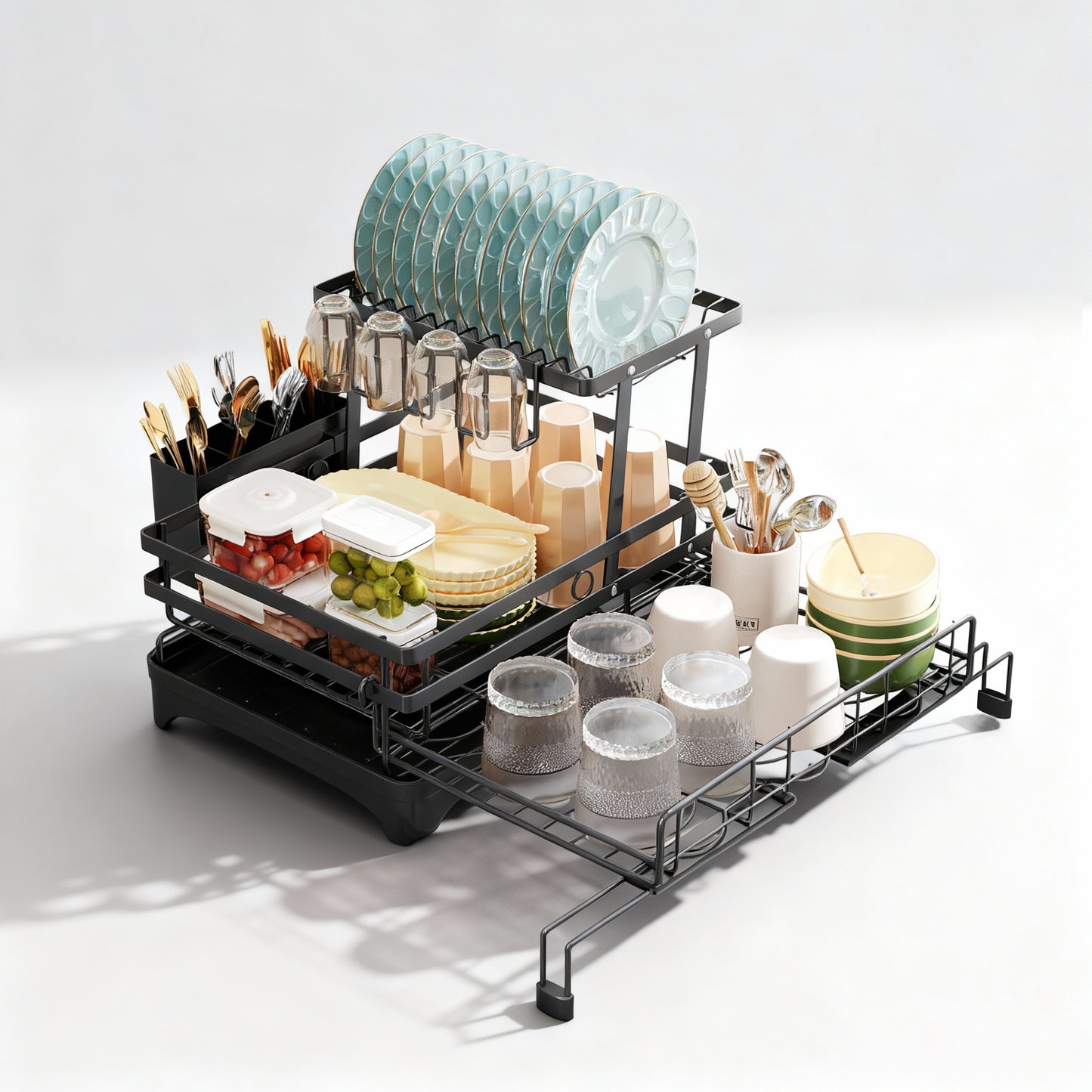 Frotune Candy 2 Tier Extendable Dish Drying Rack, 2-in-1 Dishrack for Kitchen Counter and Sink, Black