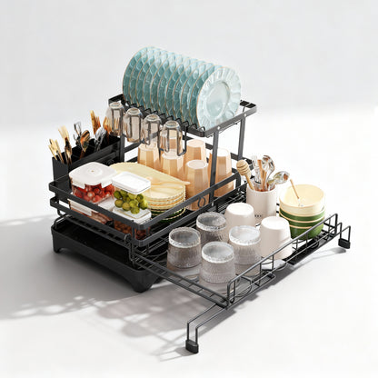 Frotune Candy 2 Tier Extendable Dish Drying Rack, 2-in-1 Dishrack for Kitchen Counter and Sink, Black