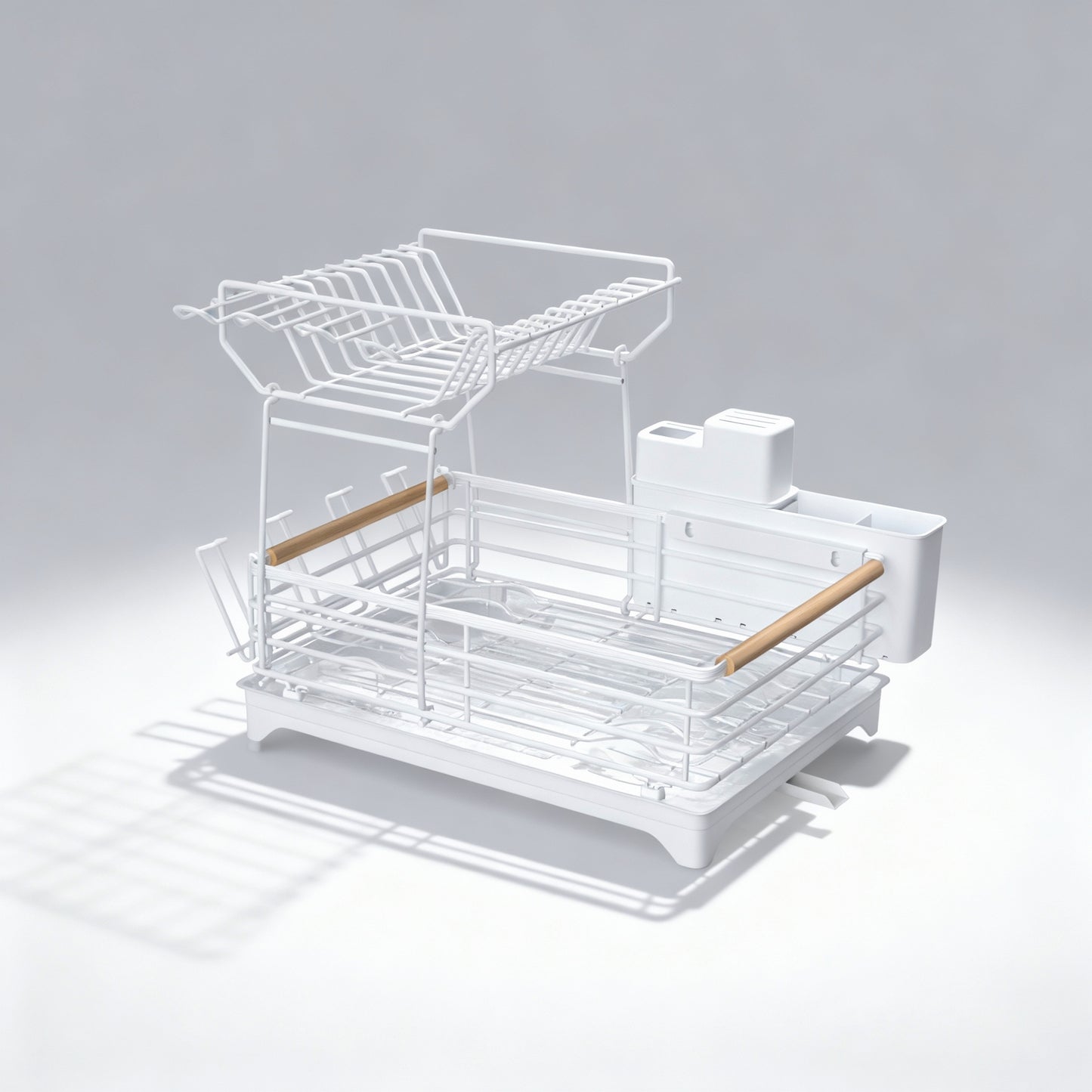 Fortune Candy 15.4'' Tall Dish Drying Rack with Bamboo Handle, 2-Tier Drying Rack for Apartments, Dorms, and Kitchens, White