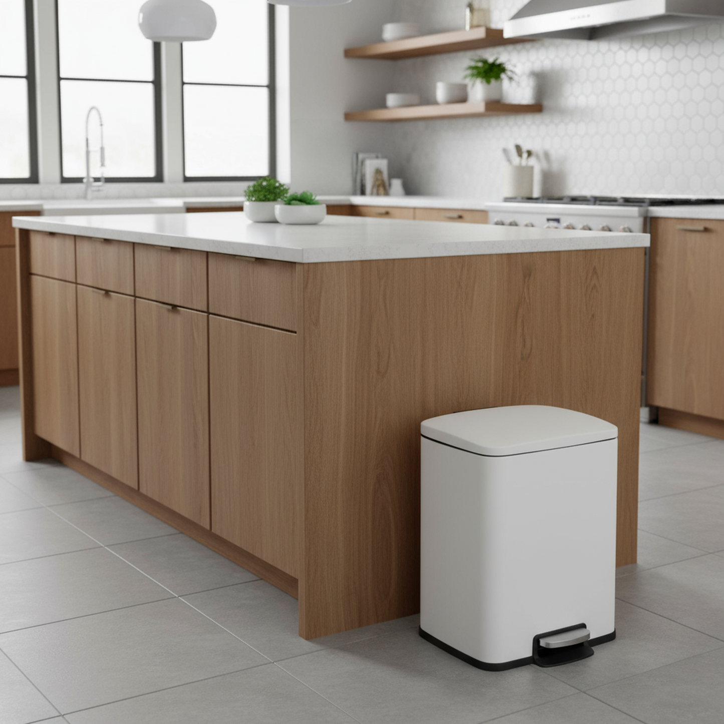 Innovaze 5.3 Gallon / 20 Liter Stainless Steel Step-On Trash Can, Rectangular Shape, Matte White Finish, Ideal for Home or Office