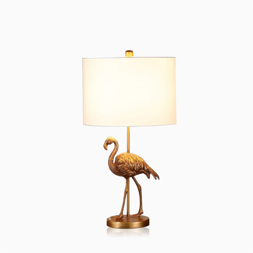 Fortune Candy 26" Matte Gold Polyresin Flamingo Table Lamp With White Drum Shade, Modern Decor for Living Room or Bedroom