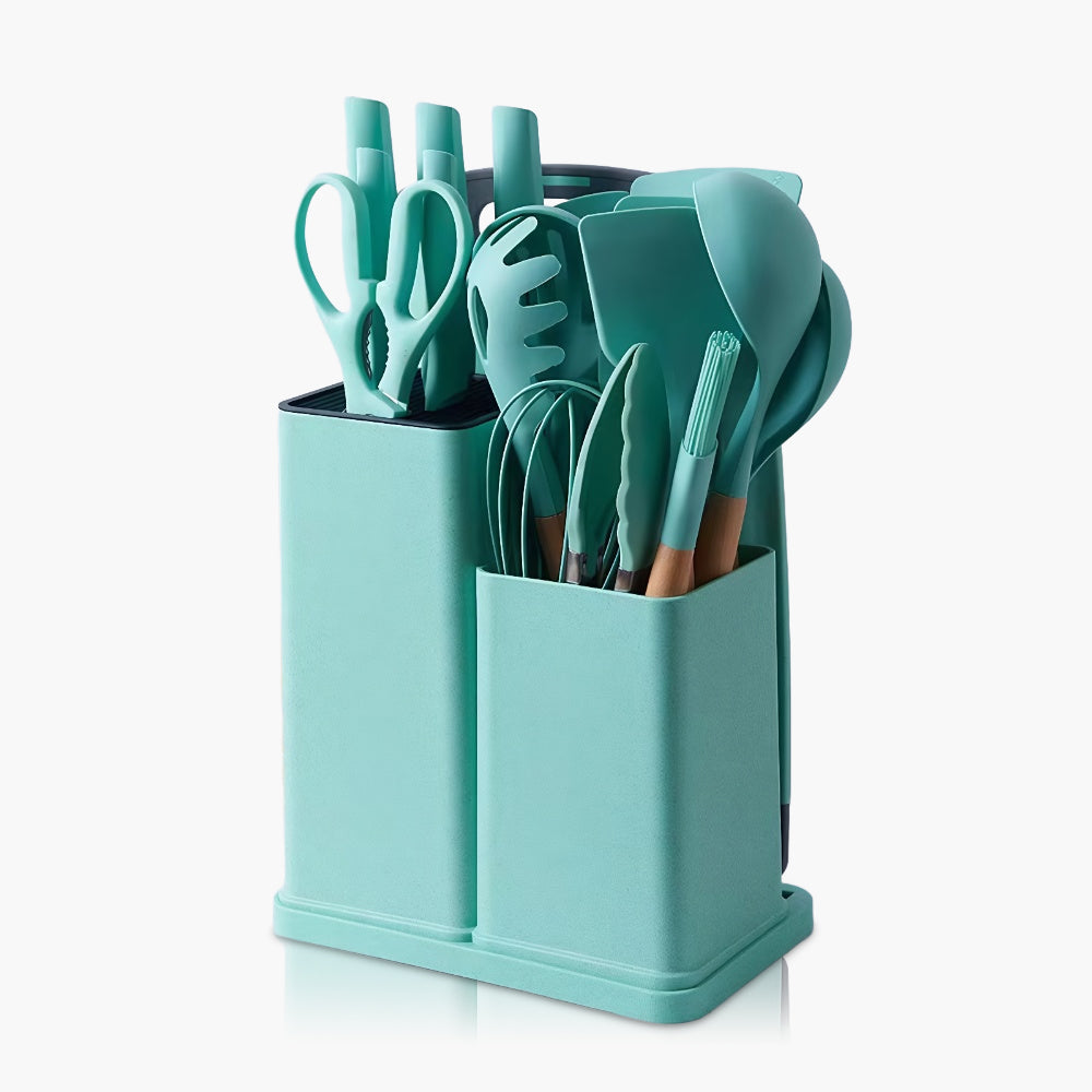 Fortune Candy 19pc Kitchen Utensil Set, Includes Tongs, Ladle, Scissors, Knives and Cutting Board (Green)