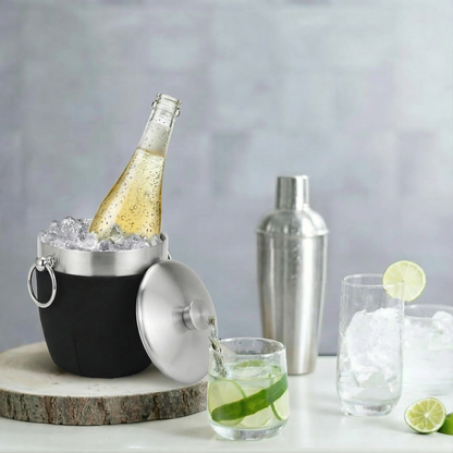Fortune Candy 2.8 L Double Wall Stainless Steel Ice Bucket, with Tongs, Scoop and Holder, Black