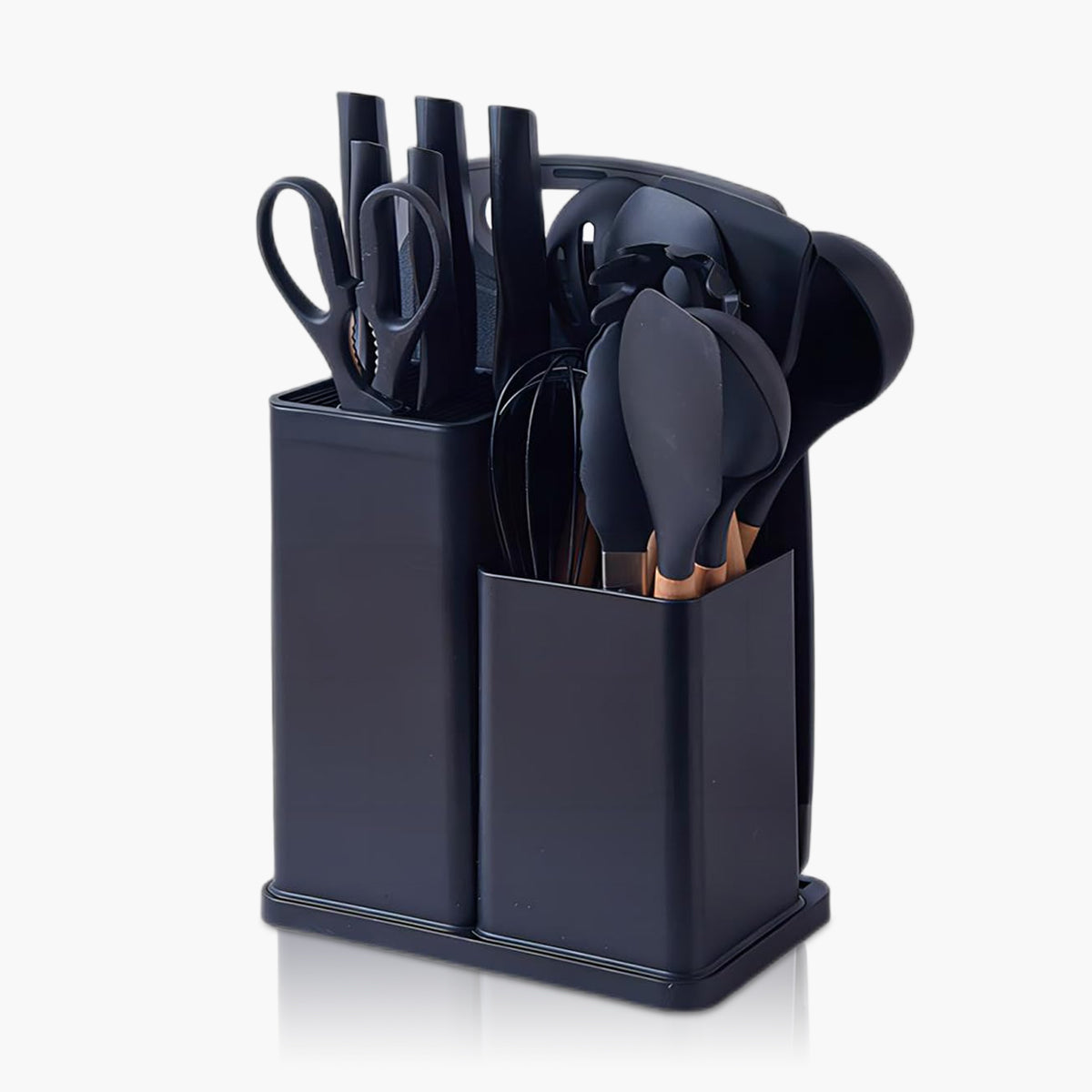 Fortune Candy 19pc Kitchen Utensil Set, Includes Tongs, Ladle, Scissors, Knives and Cutting Board (Black)