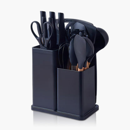 Fortune Candy 19pc Kitchen Utensil Set, Includes Tongs, Ladle, Scissors, Knives and Cutting Board (Black)