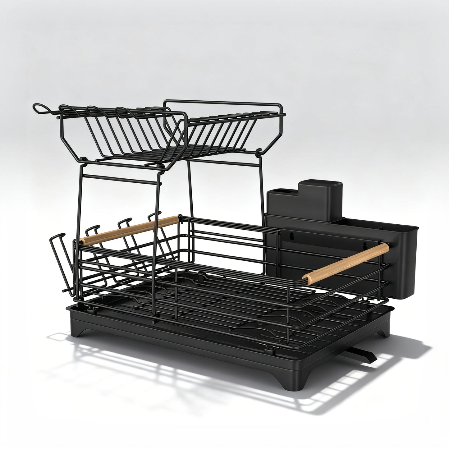 Fortune Candy 15.4'' Tall Dish Drying Rack with Bamboo Handle, 2-Tier Drying Rack for Apartments, Dorms, and Kitchens, Black