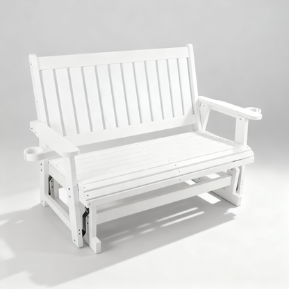 Fortune Candy Poly Lumber Patio Glider  2 Seater with Ergonomic Deep Seat, High Backrest, Cup Holders, for Outdoor Garden, Yard, or Deck