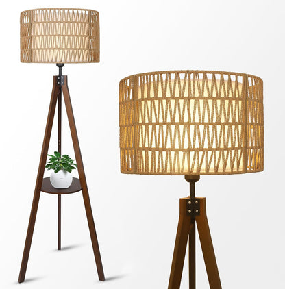 Fortune Candy 59'' Tall Boho Tripod Floor Lamp with Shelves, Mid-Century Modern Wood Standing Lamp with Rattan and Fabric Shades for Home