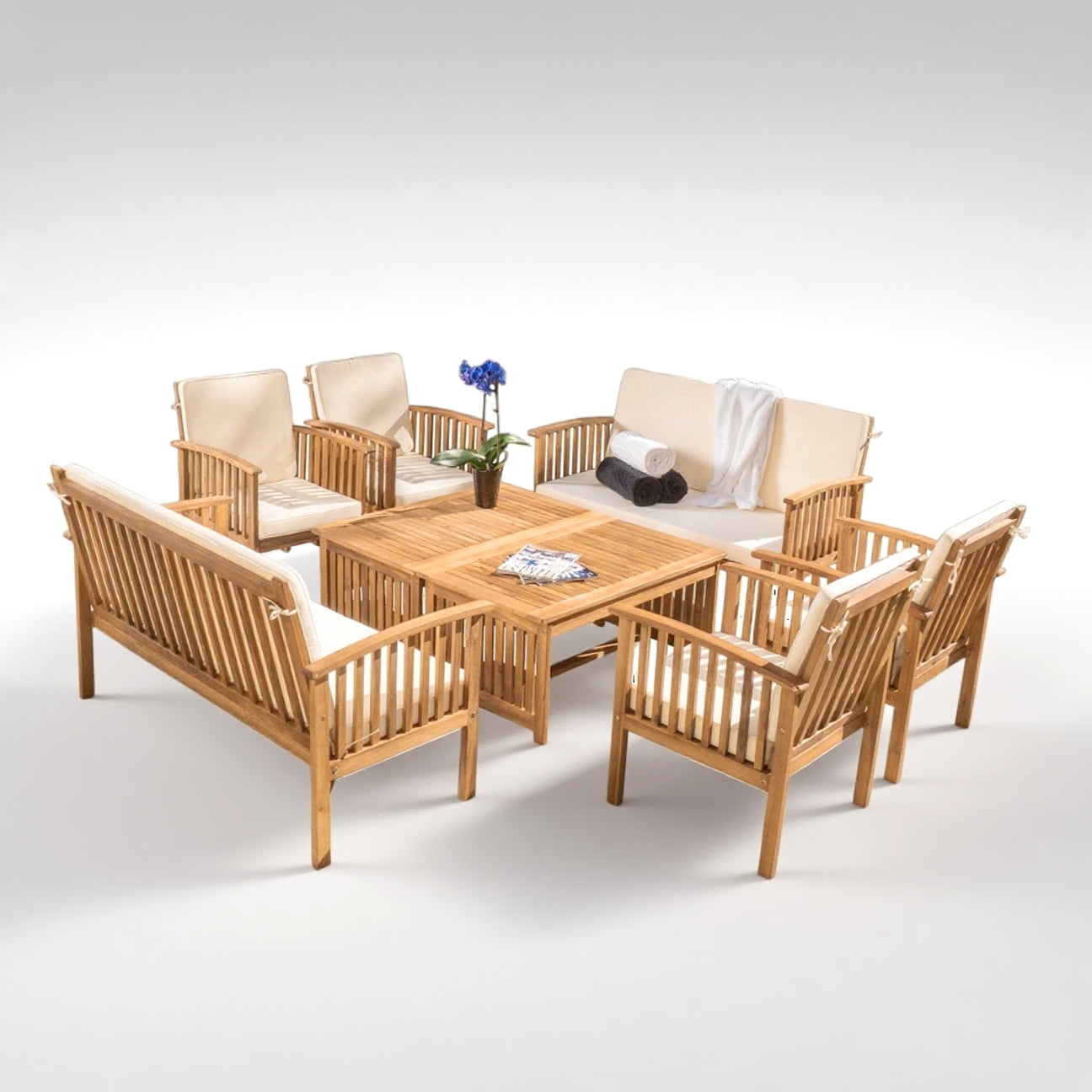 Fortune Candy 8 Pieces Indoor/Outdoor Acacia Wood Sofa Set with Cushions, Brown Conversation Furniture