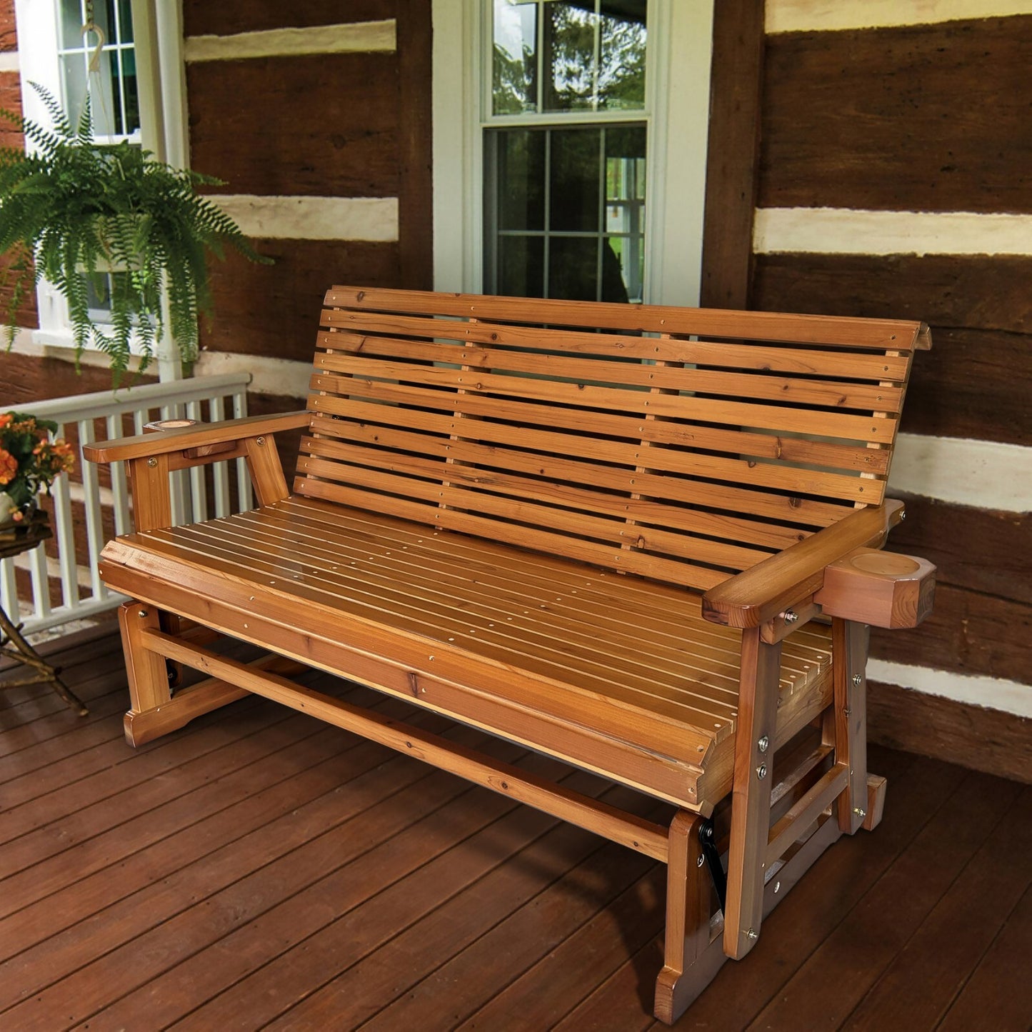 Fortune Candy 3 Person Wooden Patio Glider with Cup Holders, Cedar Tone