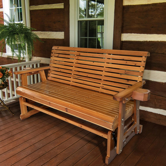 Fortune Candy 3 Person Wooden Patio Glider with Cup Holders, Cedar Tone