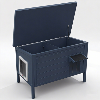 Fortune Candy 34.25'' Wooden Indoor-Outdoor Insulated Cat House with Raised Base, Spacious Indoor Area for All-Season Use, Navy Blue