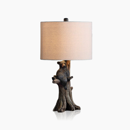 Fortune Candy 24.75" Rustic Black Bear Table Lamp, Polyresin Tree Trunk Base with Fabric Drum Shade for Home Decor