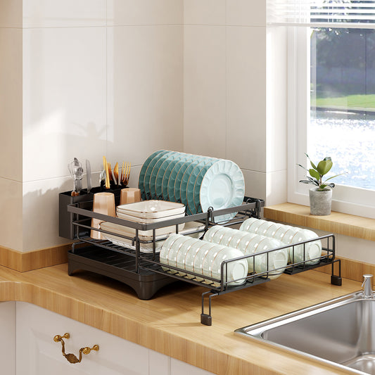 Frotune Candy 2 Tier Extendable Dish Drying Rack, 2-in-1 Dishrack for Kitchen Counter and Sink, Black