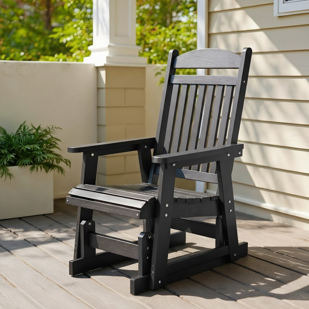 Fortune Candy 1-Person Poly Lumber Patio Glider, with Cup Holders, High Backrest and Deep Contoured Seat, HIPS Material (Matte Black)