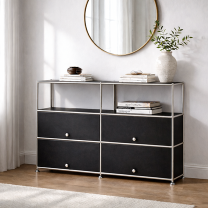 Fortune Candy 4-Door Modular Metal Sideboard with Open Shelf, Modern Twin-Row Grid Cabinet for Dining or Living Room, Office, Black