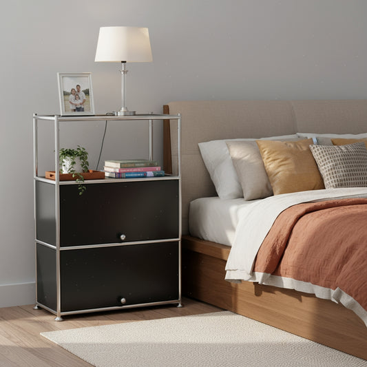 Fortune Candy 3 Tier Metal Storage Cabinet with Doors, Modern Organizer, Open Shelf for Dining Room or Living Space, Black