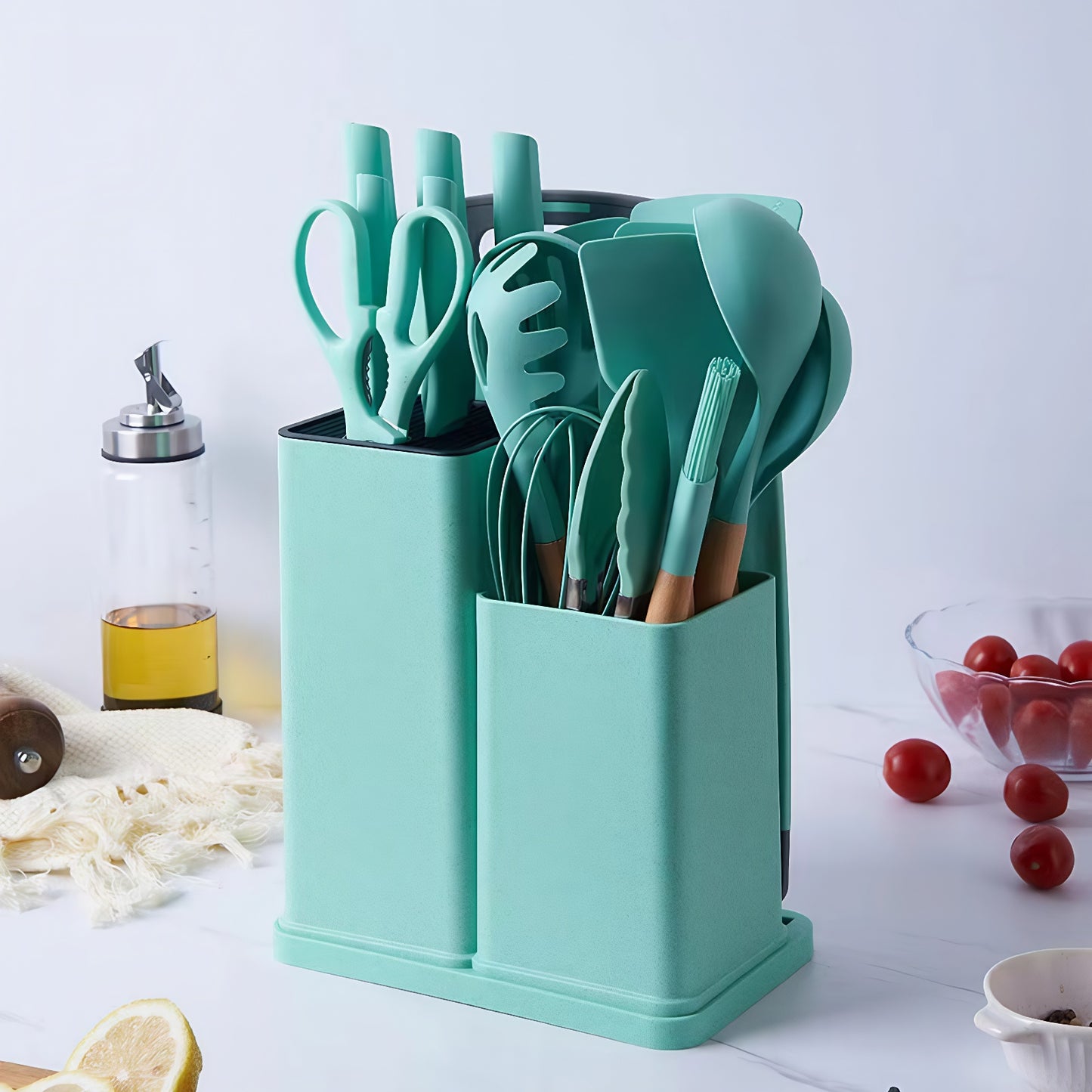 Fortune Candy 19pc Kitchen Utensil Set, Includes Tongs, Ladle, Scissors, Knives and Cutting Board (Green)