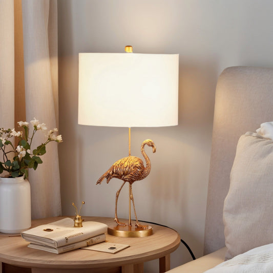 Fortune Candy 26" Matte Gold Polyresin Flamingo Table Lamp With White Drum Shade, Modern Decor for Living Room or Bedroom