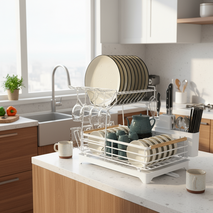 Fortune Candy 15.4'' Tall Dish Drying Rack with Bamboo Handle, 2-Tier Drying Rack for Apartments, Dorms, and Kitchens, White