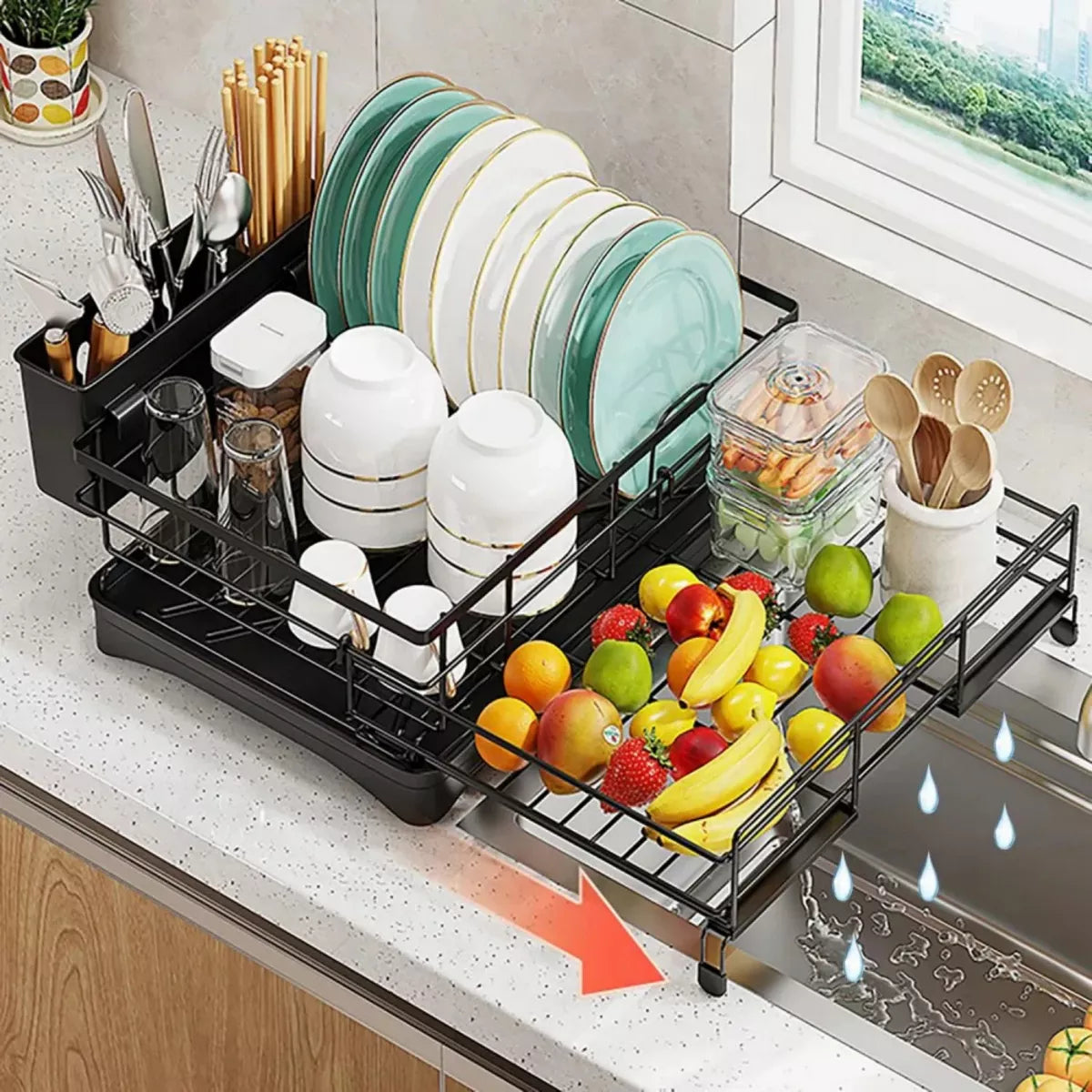 Frotune Candy 2 Tier Extendable Dish Drying Rack, 2-in-1 Dishrack for Kitchen Counter and Sink, Black