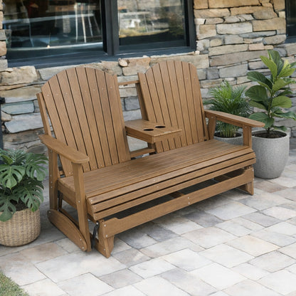 Fortune Candy 67.5 in Poly Lumber Plastic Patio Glider with Cup Holders, Brown, High Backrest and 900 lbs Weight Capacity, 3-Person