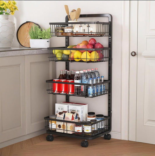Fortune Candy Adjustable 4-Tier Metal Storage Cart with Wheels, Lockable Rolling Organizer for Kitchen, Pantry, Bathroom, or Office