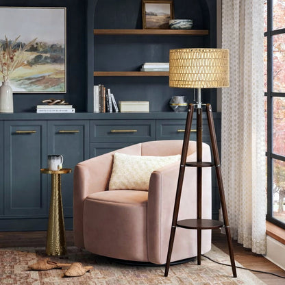 Fortune Candy 61'' Tall Boho Tripod Floor Lamp with Shelves, Mid-Century Modern Wood Standing Lamp with Rattan and Fabric Shades for Home, 2 Pallet