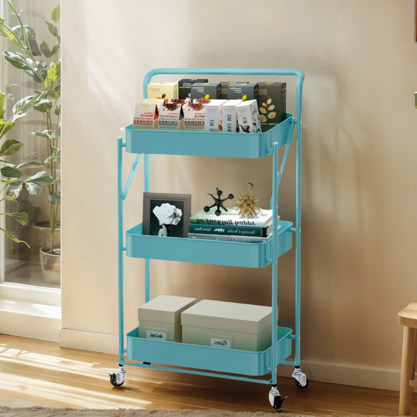 Fortune Candy Foldable 3-Tier Rolling Utility Cart, No-Assembly Multipurpose Storage Organizer with Handle for Home or Office, Green