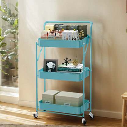 Fortune Candy Foldable 3-Tier Rolling Utility Cart, No-Assembly Multipurpose Storage Organizer with Handle for Home or Office, Green