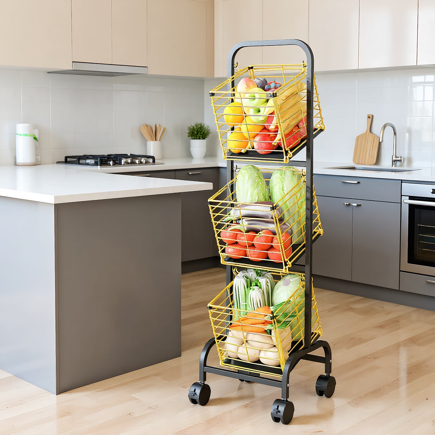 Fortune Candy 3-Tier Metal Rolling Storage Basket Cart, Black Gold Utility Organizer with Wheels for Books, Toys, Food, Vegetables, and More