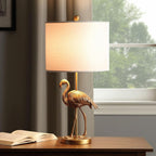 Fortune Candy 26" Matte Gold Polyresin Flamingo Table Lamp With White Drum Shade, Modern Decor for Living Room or Bedroom